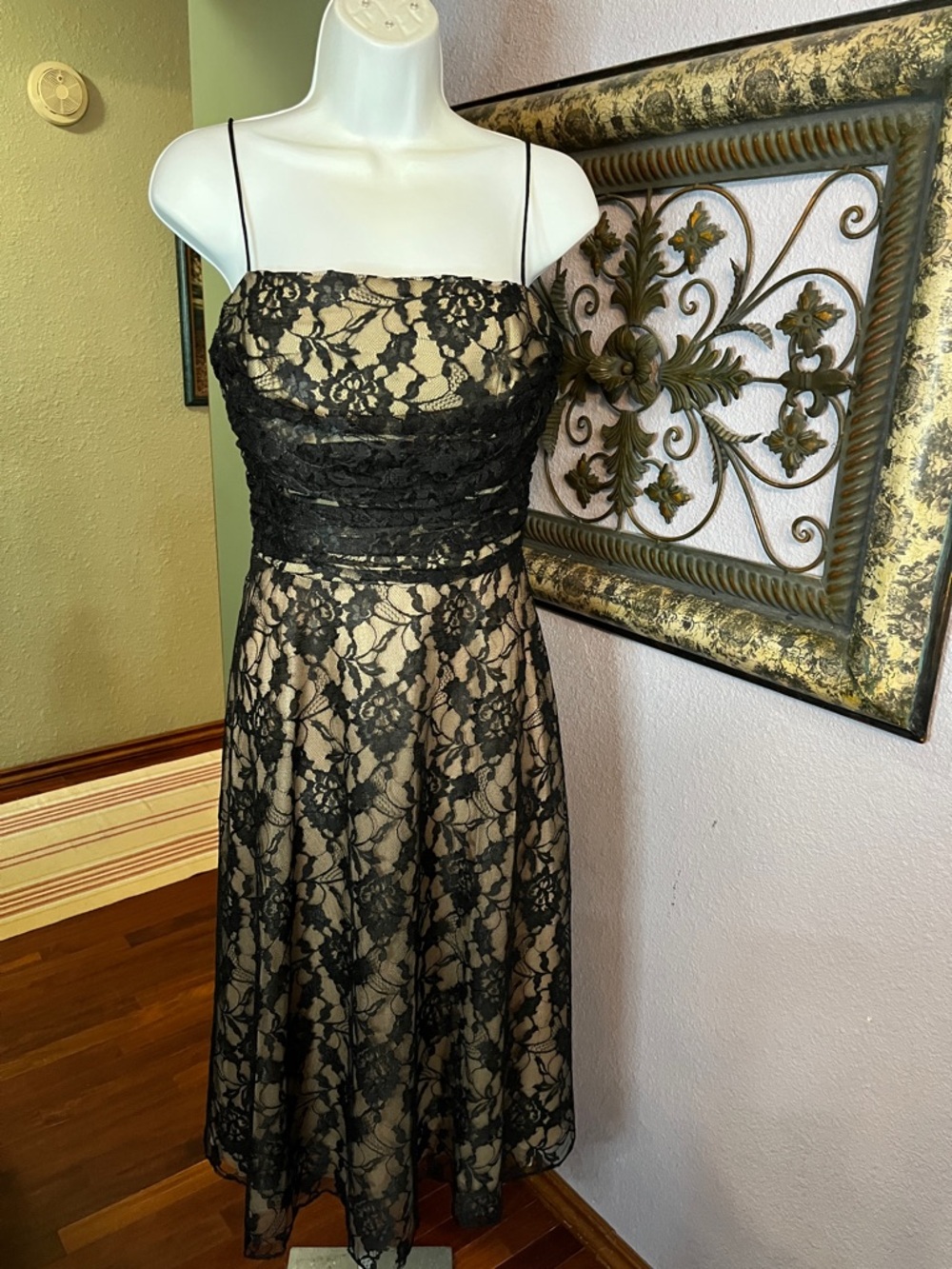 S.L. Fashions Black Lace Midi Dress with Nude Lining Sz 8 spaghetti straps